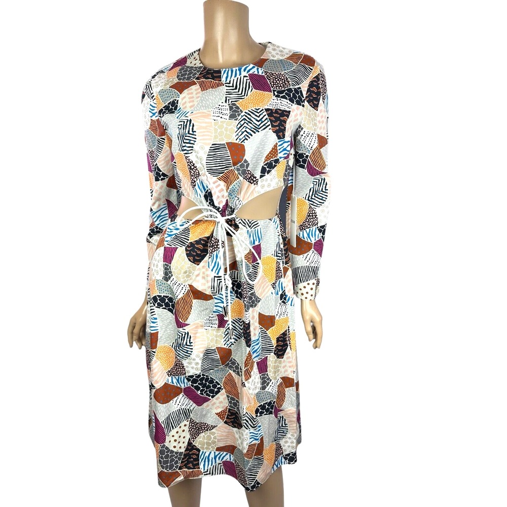 Edun Size 4 Ecru Dress Multi-Color Broken Tile Poplin Cut Out Sides Long Sleeve